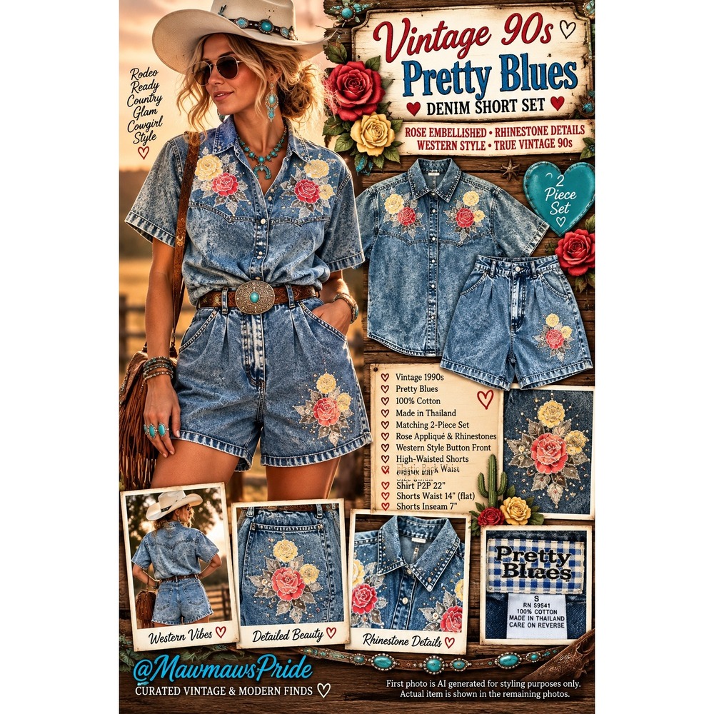 Vintage Pretty Blues 90s Denim Short Set Rose Rhinestone Western Acid Wash Small